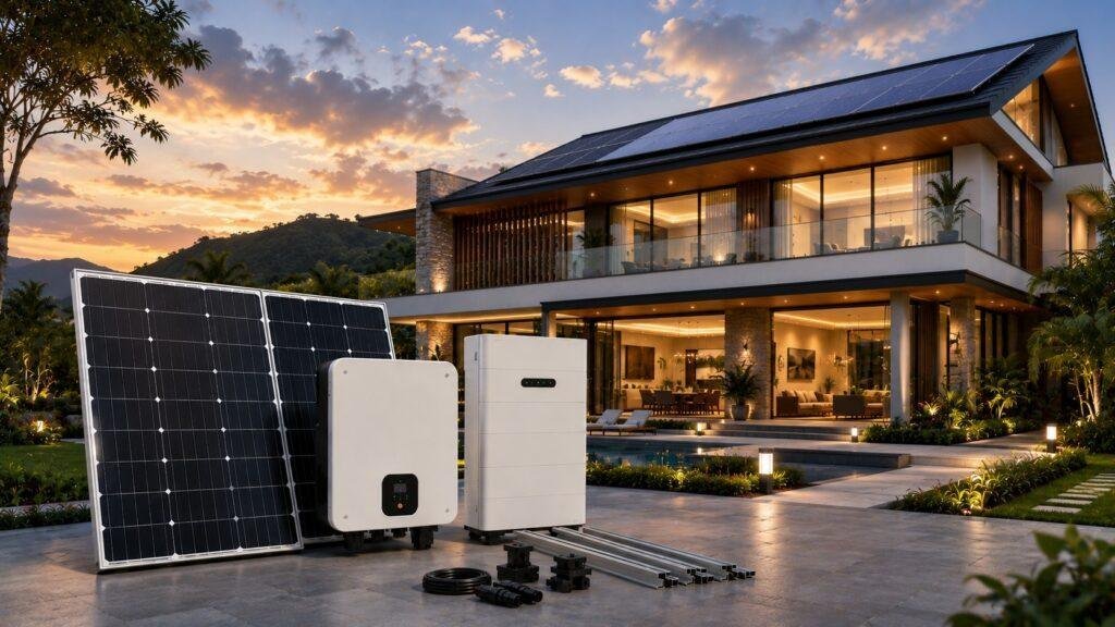 Ultimate Energy three-phase hybrid solar package illustration.