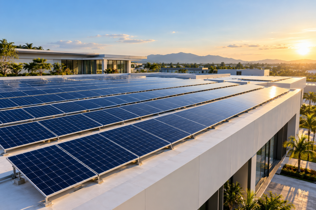 Illustrative concept of solar panels across a commercial building's flat roof.