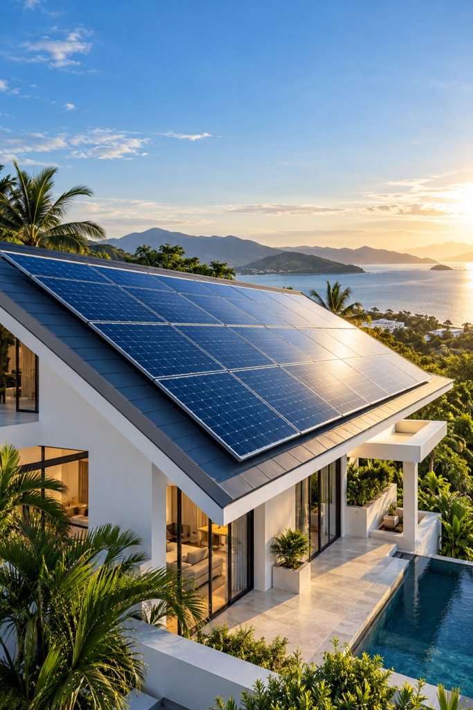 Illustrative concept of solar panels on a modern home's roof.