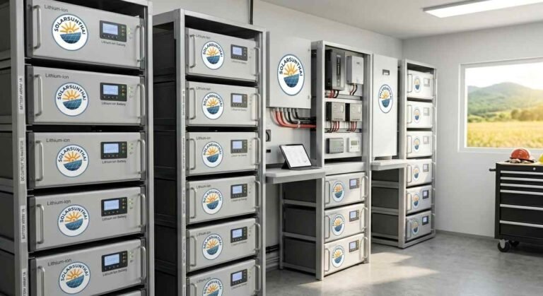 Illustration of SolarSunThai-branded lithium battery racks and control equipment.