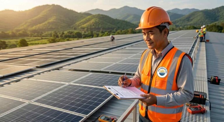 Illustration of a technician inspecting a commercial rooftop solar array.