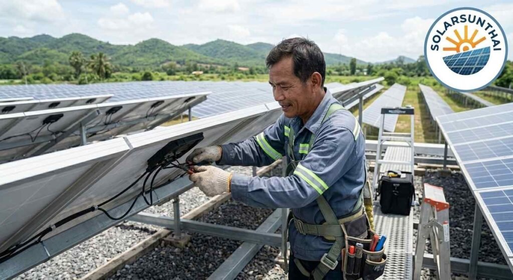 Illustration of a technician checking cable connections beneath solar panels.