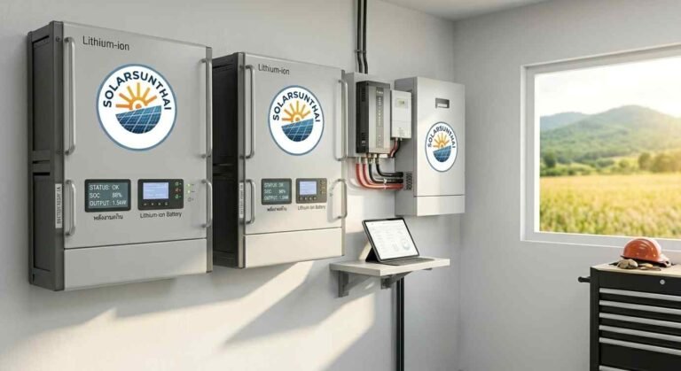 Illustration of wall-mounted SolarSunThai-branded batteries, inverter and monitoring display.