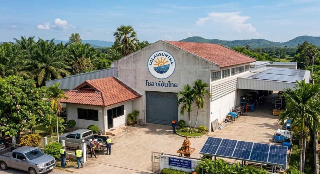 Illustration of a SolarSunThai-branded workshop with solar panels and service vehicles.